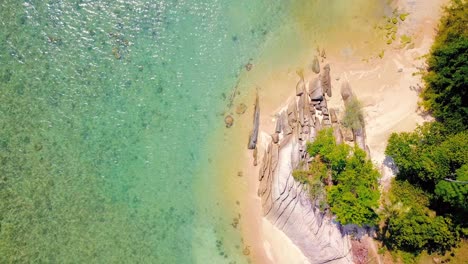 tropical sand beach with palm trees in sunset, sunrise, aerial dolly shot flying through the trunks, wild pristine beach in hawaii