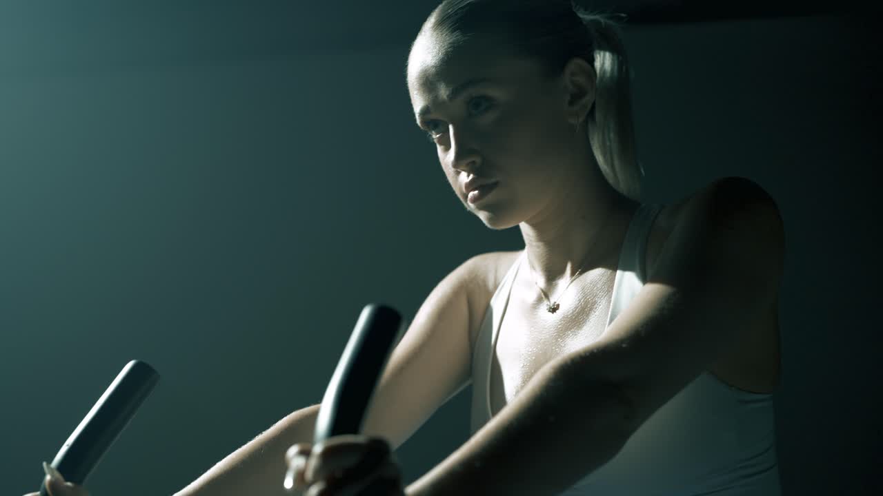 Profile closeup of a woman gripping bike handlebars, with the camera rising smoothly to her face before gently pulling back, revealing focus and rhythm under soft, cinematic studio lighting