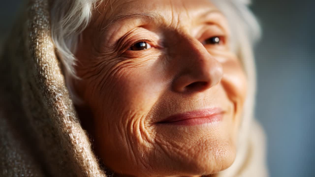 A Portrait of Grace: An Elderly Woman Wrapped in a Soft Blanket, Radiating Joy and Serenity, Captured in a Moment of Peaceful Reflection and the Beauty of Aging
