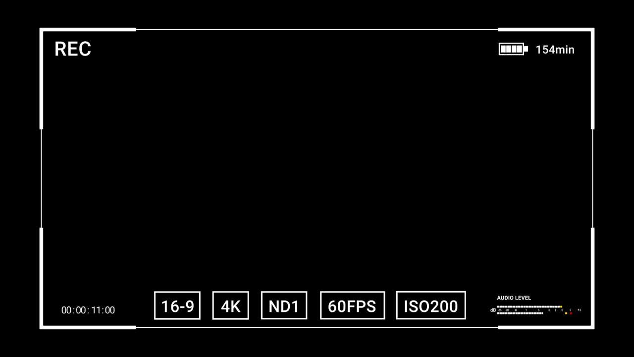 Horizontal 16:9 camera viewfinder recording screen with 4k 60fps data, blinking rec icon, and audio levels. For modern filmmaking or vlogging content
