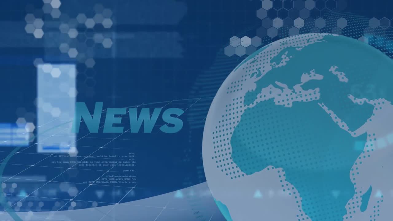 animação de texto de notícias, processamento de dados financeiros e globo sobre fundo azul.