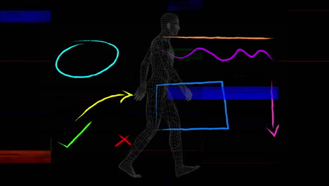 digital animation of abstract shapes and colorful light shapes against human body model walking