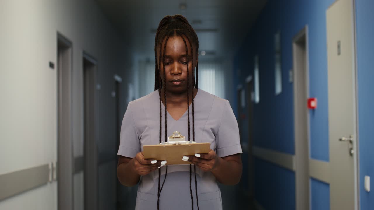 Nurse Reviewing Notes in Hospital Corridor