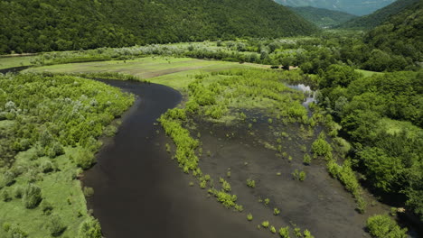 Tkibuli-lake-reservoir-river-tributary-in-valley-with-lush-vegetation