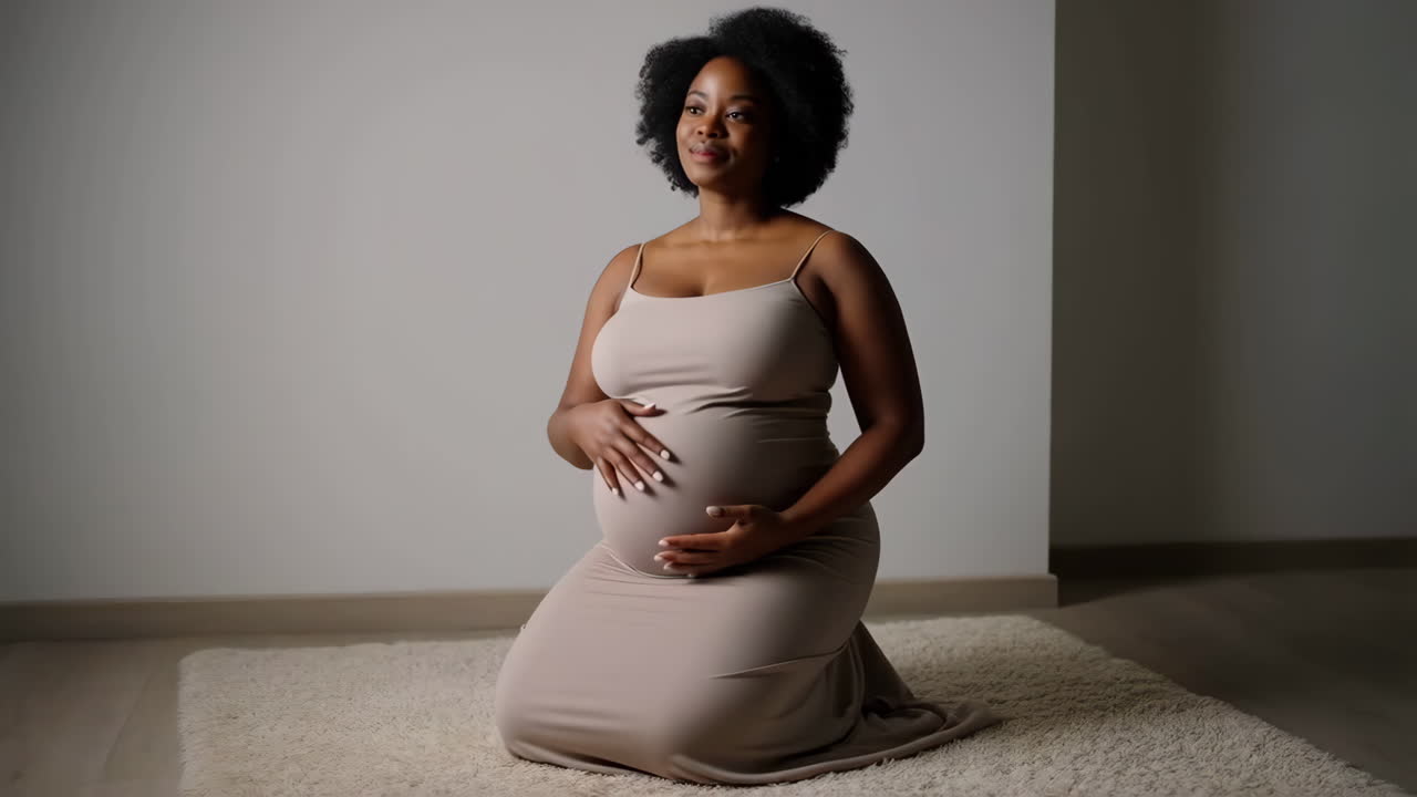 Une femme noire enceinte sereine s'agenouille, tenant doucement son ventre arrondi