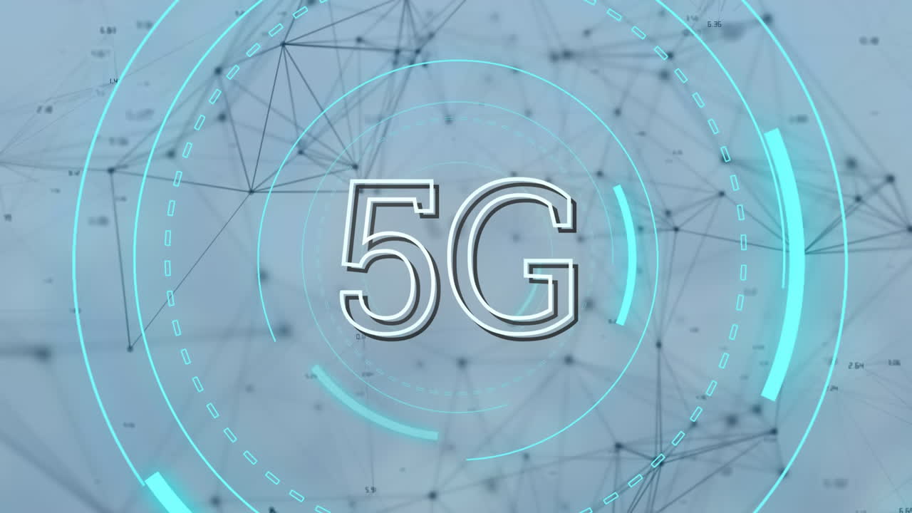 5g escrito en el medio de unos círculos futuristas y líneas asimétricas