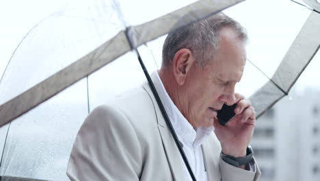 phone call, senior and business man with umbrella