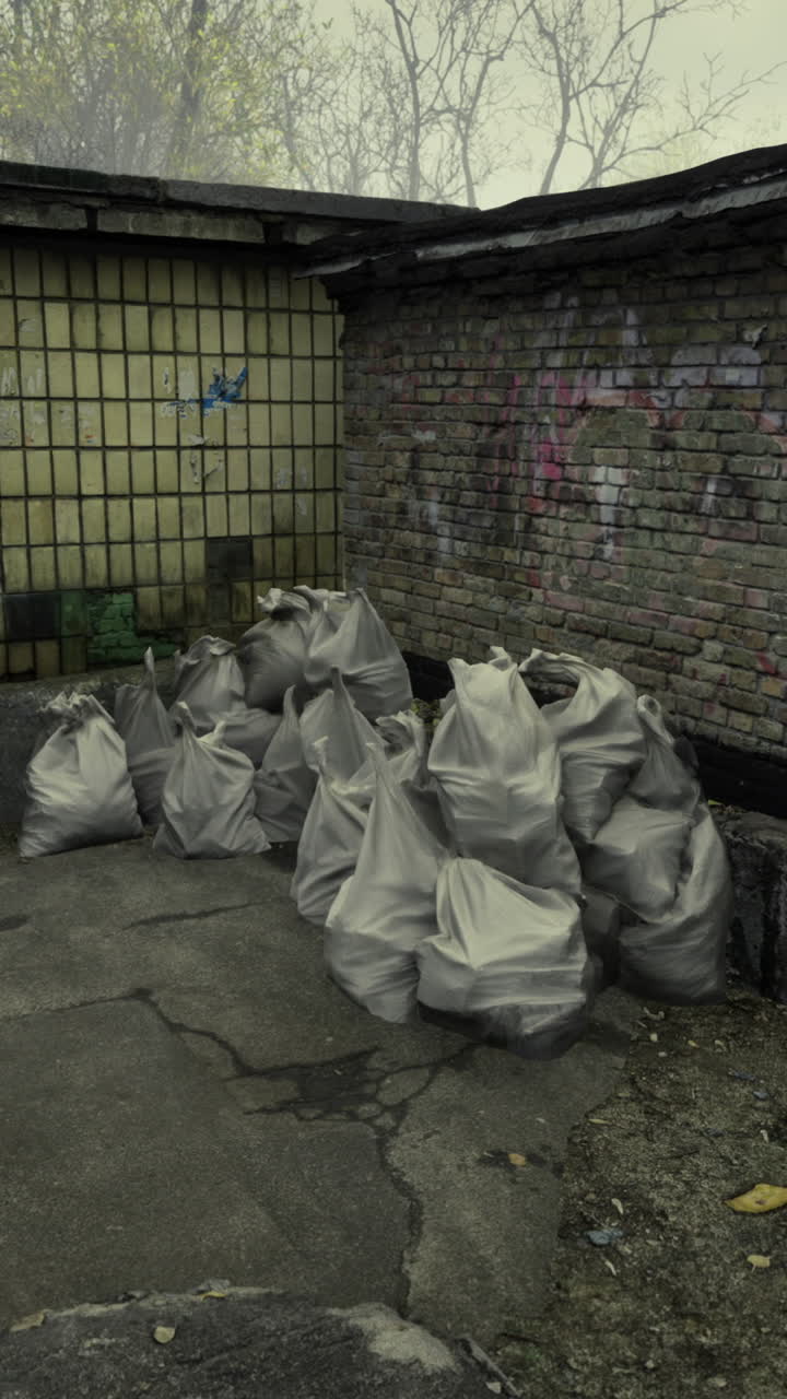 Abandoned alleyway with discarded items in a foggy urban landscape
