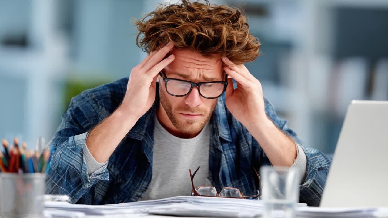 A Young Man Struggles with Stress and Overwhelm at His Desk, Grappling with Work Pressure While Surrounded by Papers and Technology