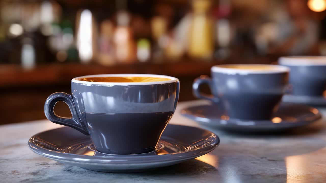 Elegante esposizione di tazze da caffè su un tavolo in un’atmosfera accogliente, perfetta per gustare una bevanda calda in un elegante bar