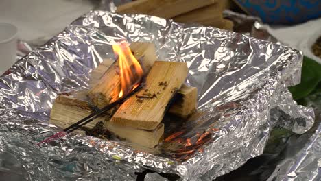 Close-Up-Of-Fire-Being-Lit-At-Beginning-Of-Havan-Hindu-Ceremony