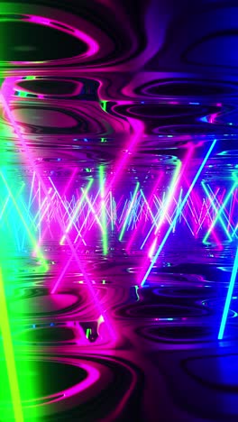 flying down a corridor with multicolored fluorescent lights. vertical looped video