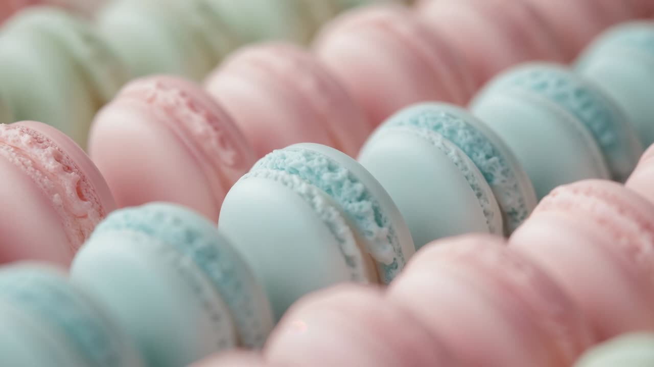 Panning camera focusing on pastel pink and blue macarons in pastry display tray, showing texture