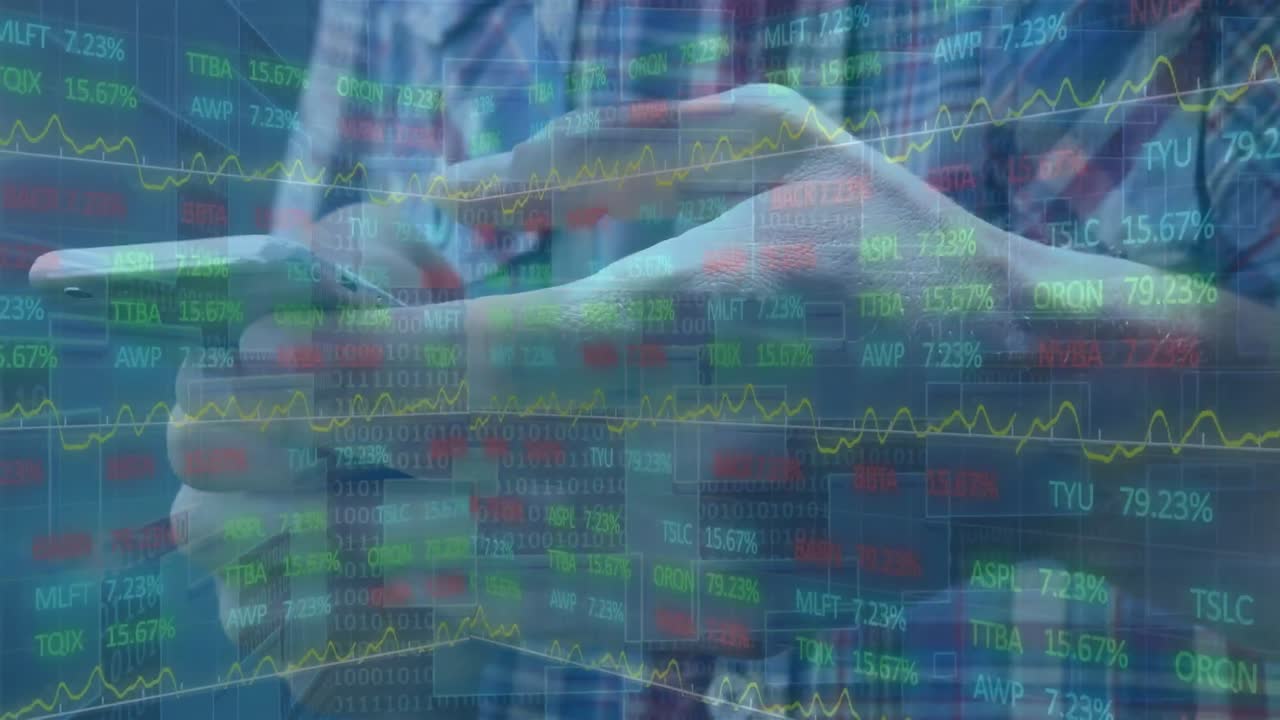 스마트폰을 사용하는 카우카스계 사업가에 대한 데이터 처리 애니메이션