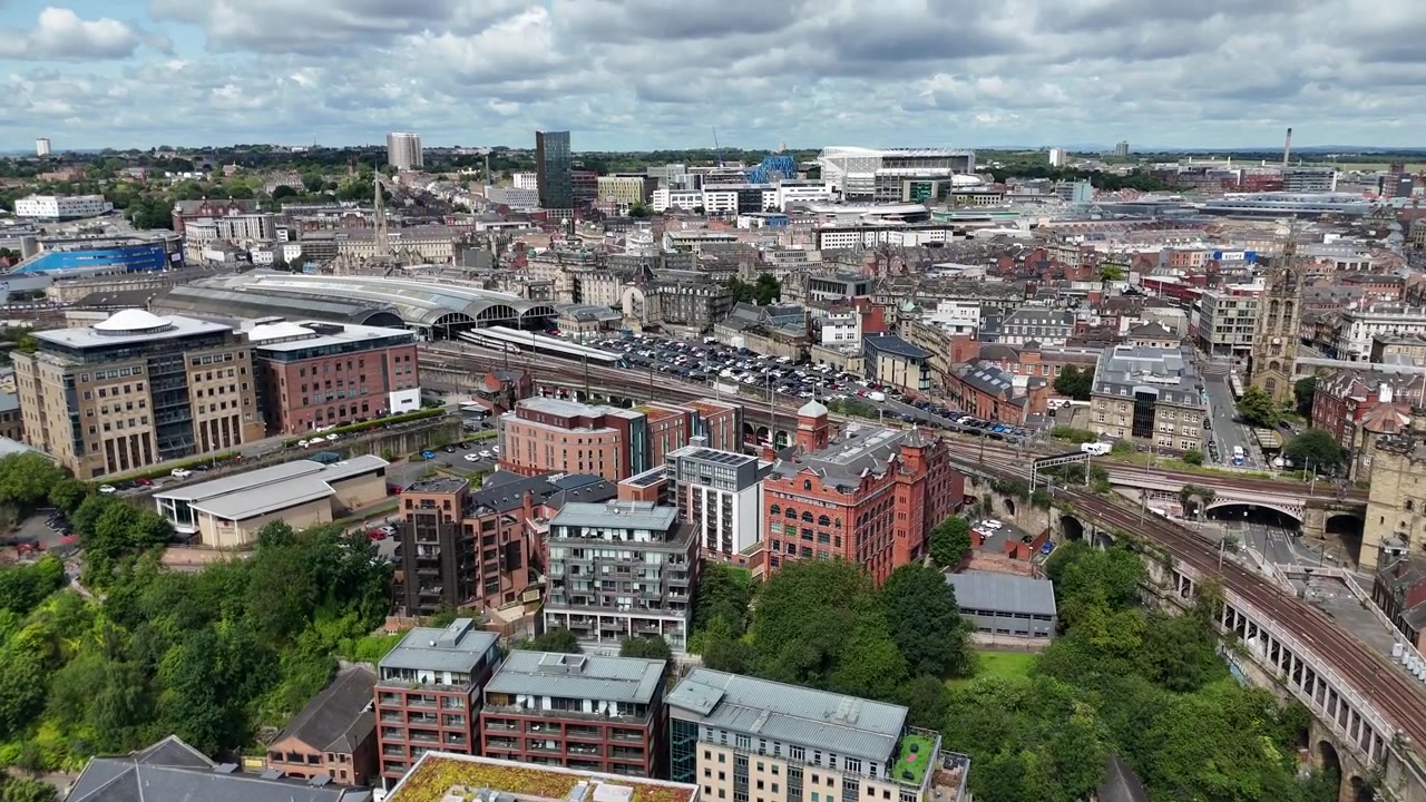 Drone Aerial View Footage Newcastle Upon Tyne City Tyneside Geordie North East England UK Gateshead Bridge
