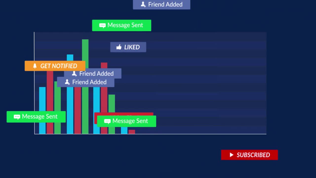 Animation of social media icons with texts over diagram on black background