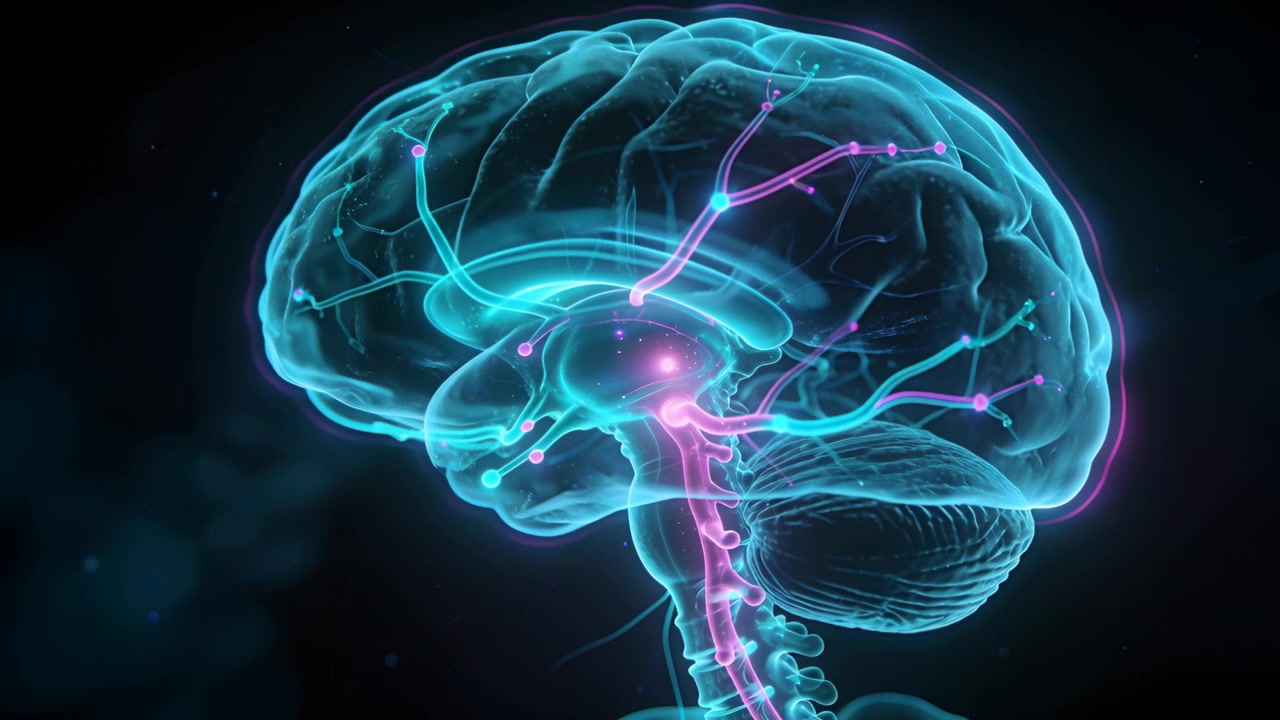 Pulsing magenta focus starting signal 3D brain, brainstem, spine lighting cyan tracts in dark void