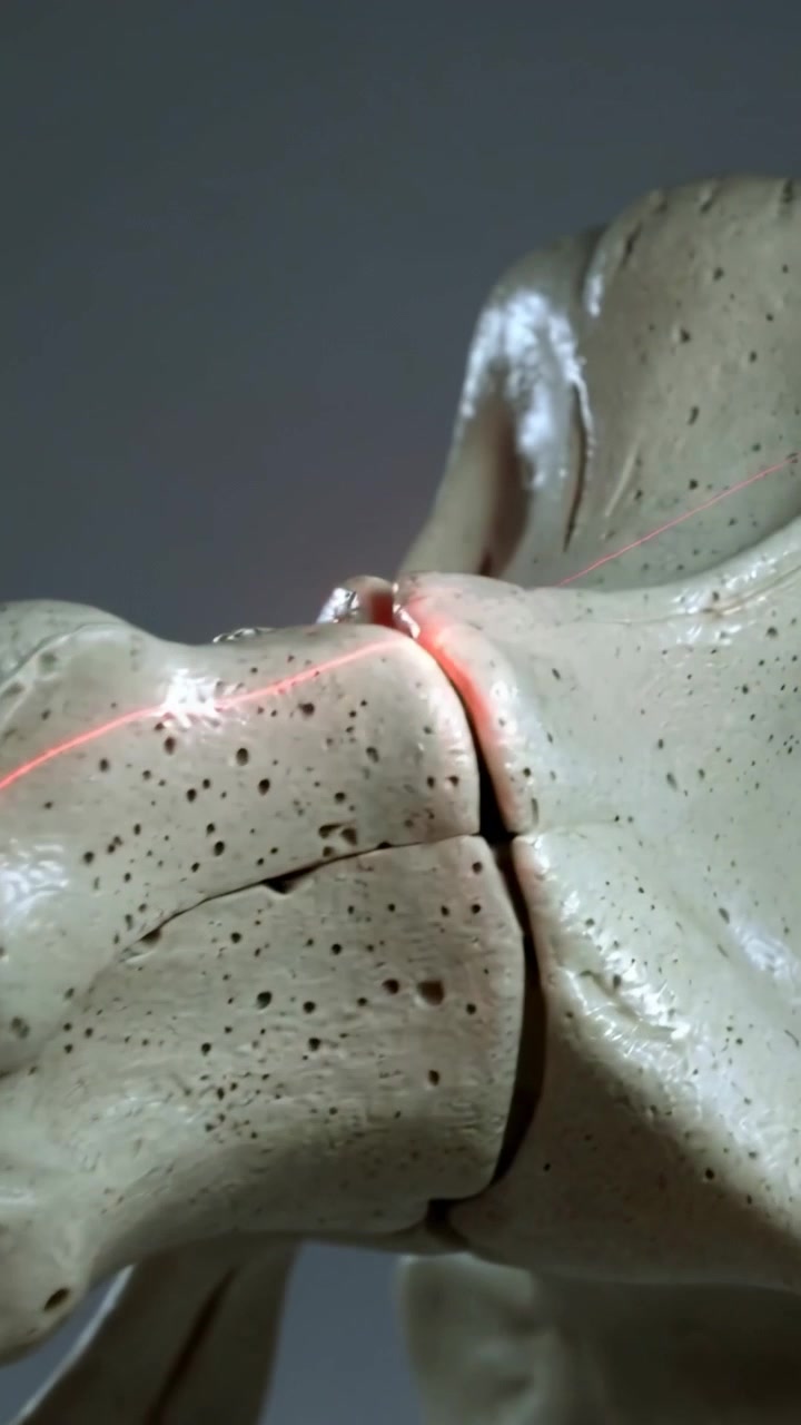 Vertical video: Activating laser pointer and sweeping red line along hip bone on table showing seam
