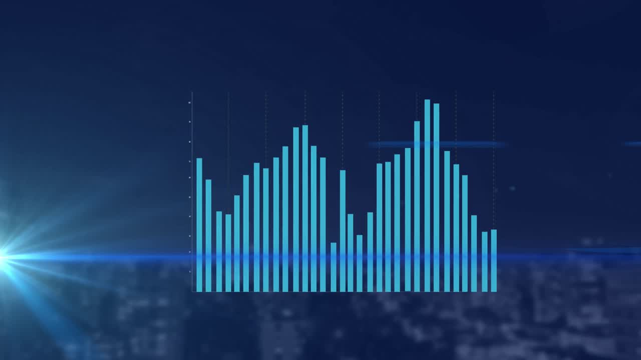 animación del procesamiento de datos estadísticos y punto de luz azul contra la vista aérea del paisaje urbano