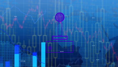 Animation of video game controller icon over statistical data processing over world map