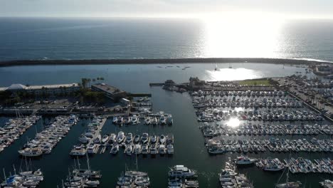 aerial view of boats and yachts moored in a marina with a view of the ocean