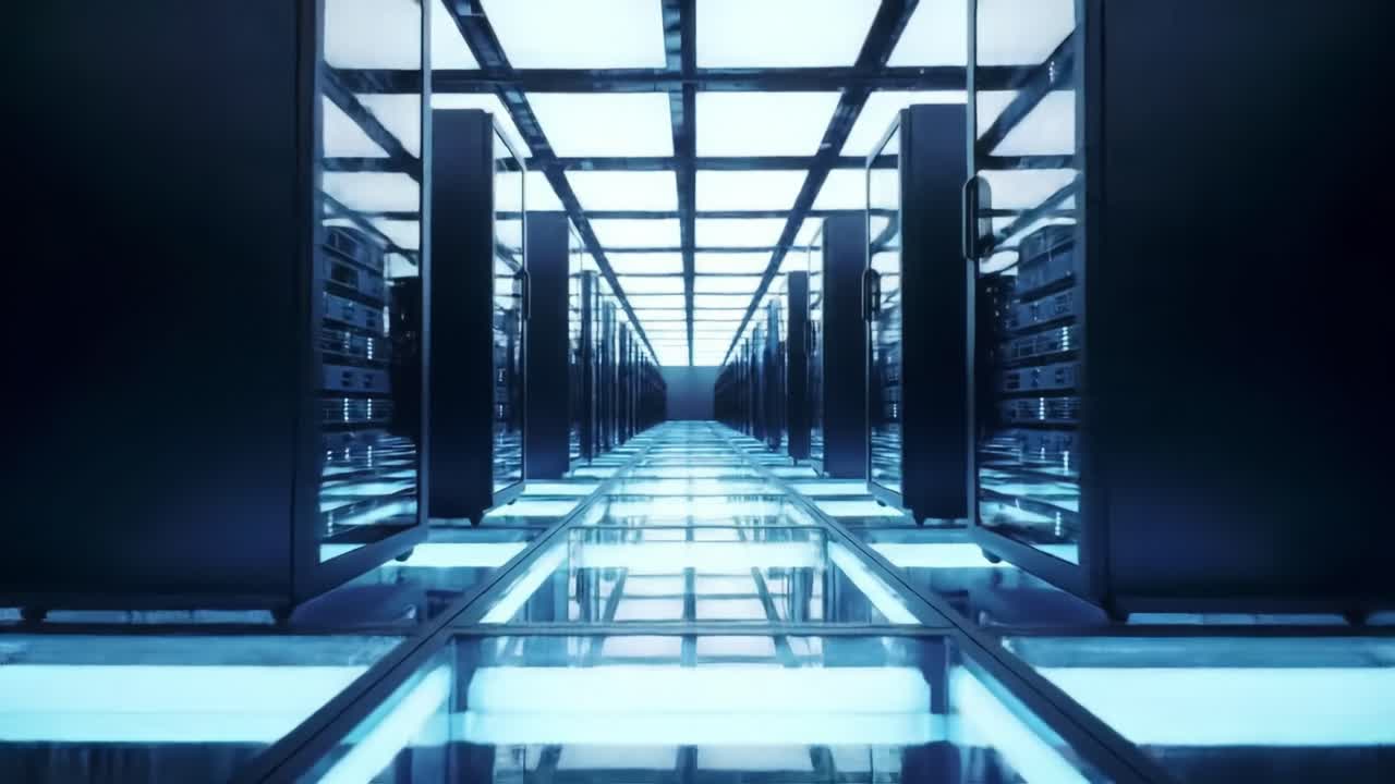 This clip explores a highly sophisticated data center featuring rows of servers and illuminated pathways. Discover the tech behind data storage and management in this vibrant environment.