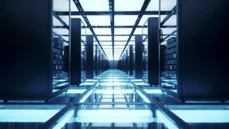 this clip explores a highly sophisticated data center featuring rows of servers and illuminated pathways. discover the tech behind data storage and management in this vibrant environment.