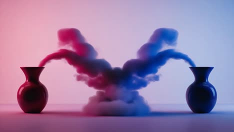 vibrant red and blue smoke colliding from vases