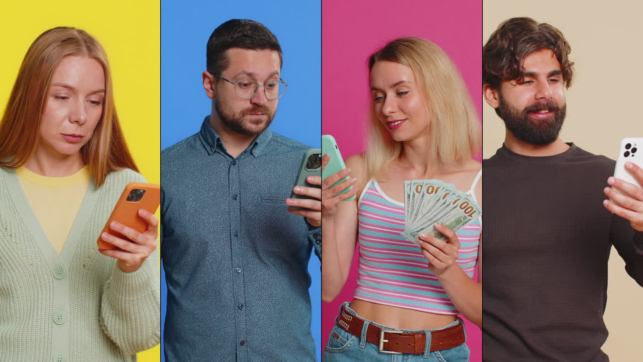 коллаж счастливых богатых людей мужчин женщин со смартфонами празднуют победу получают деньги доллар наличные