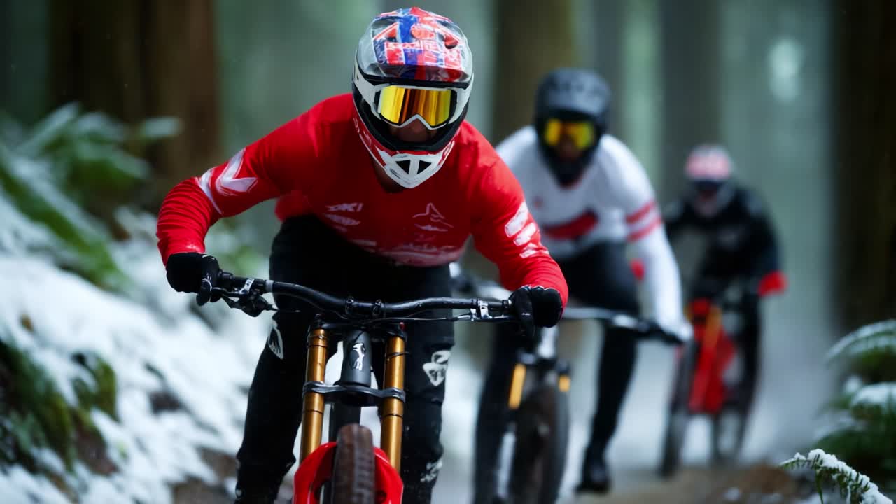Dynamic Mountain Biking in Snowy Forest: Captivating Action Shots of Cyclists Navigating Through a Winter Wonderland Trail, Showcasing Speed, Skill, and the Thrill of Two-Wheeled Adventure