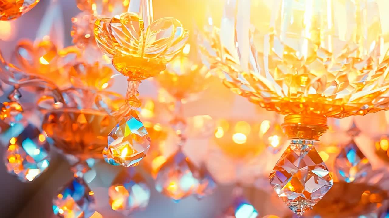 A chandelier with a lot of crystal decorations hanging from it. The chandelier is orange and blue in color