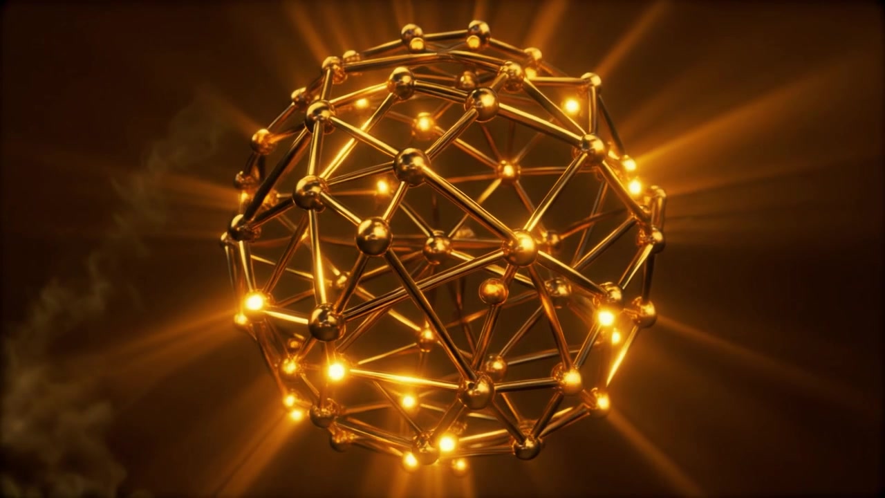 Sfera geometrica dorata rotante con nodi luminosi
