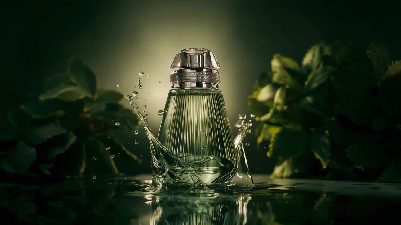 Flacone di profumo verde a coste su un tavolo lucido, impatto che colpisce l'acqua e solleva goccioline