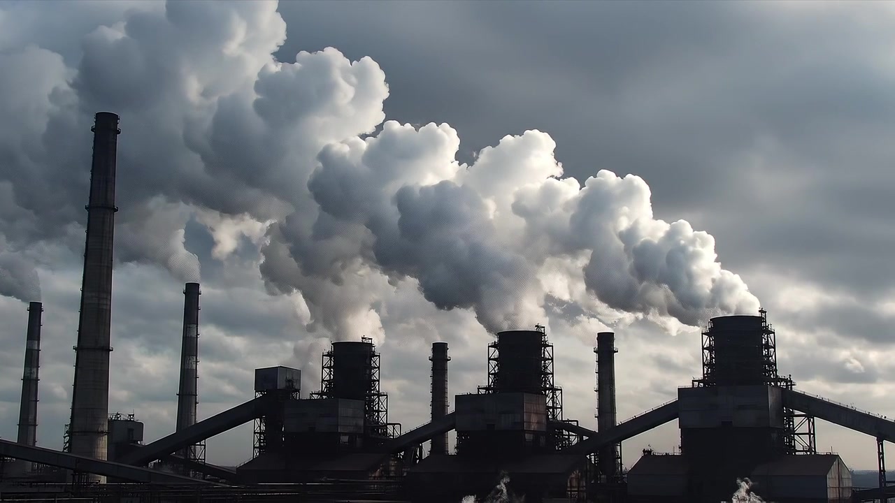 Ciminieri di fabbriche industriali che emettono denso fumo bianco in un cielo nuvoloso