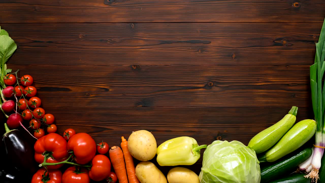 Verdure in movimento su tavolo da cucina, sfondo a tema raccolto