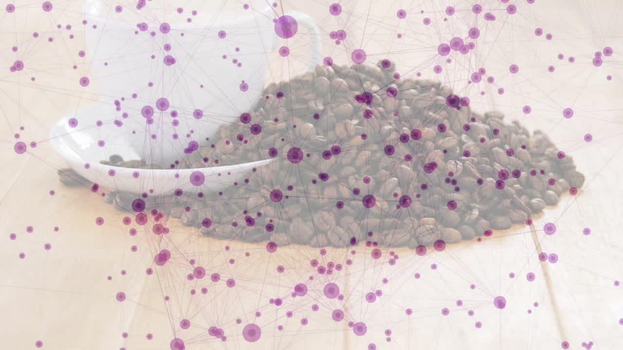 Roasted coffee beans spilling across light wood tabletop, displaying purple network graph overlay