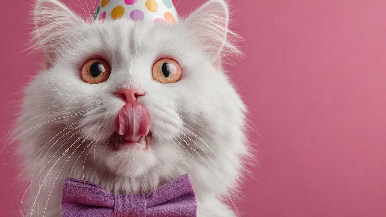 Kucing Perayaan yang Menggemaskan Mengenakan Topi Pesta Memamerkan Kepribadiannya yang Menggemaskan dengan Menjulurkan Lidahnya di Atas Latar Belakang Merah Muda yang Ceria, Sempurna untuk Pecinta Hewan