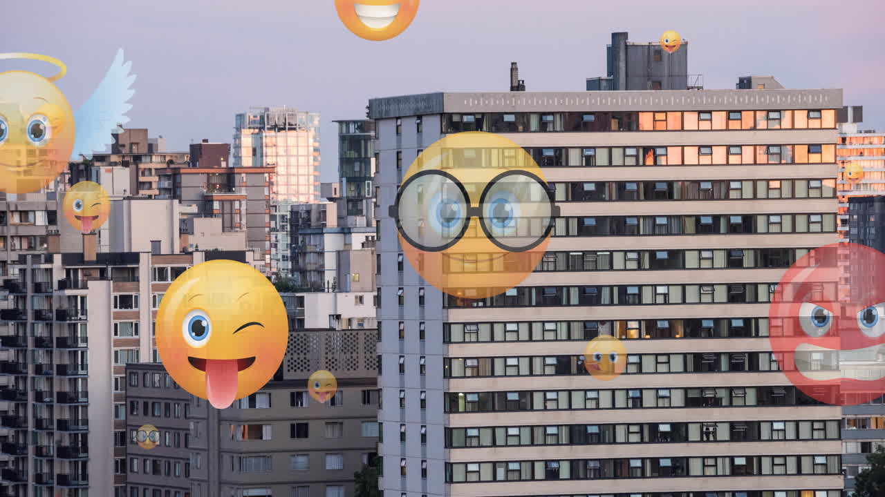 Animação de ícones de emoji voando para cima sobre a paisagem urbana