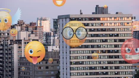 animation of emoji icons flying up over cityscape