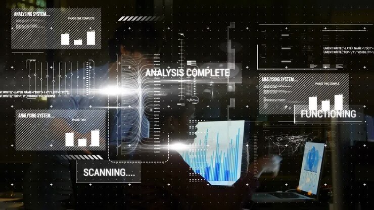 Animation of statistics and data processing over business colleagues using laptop