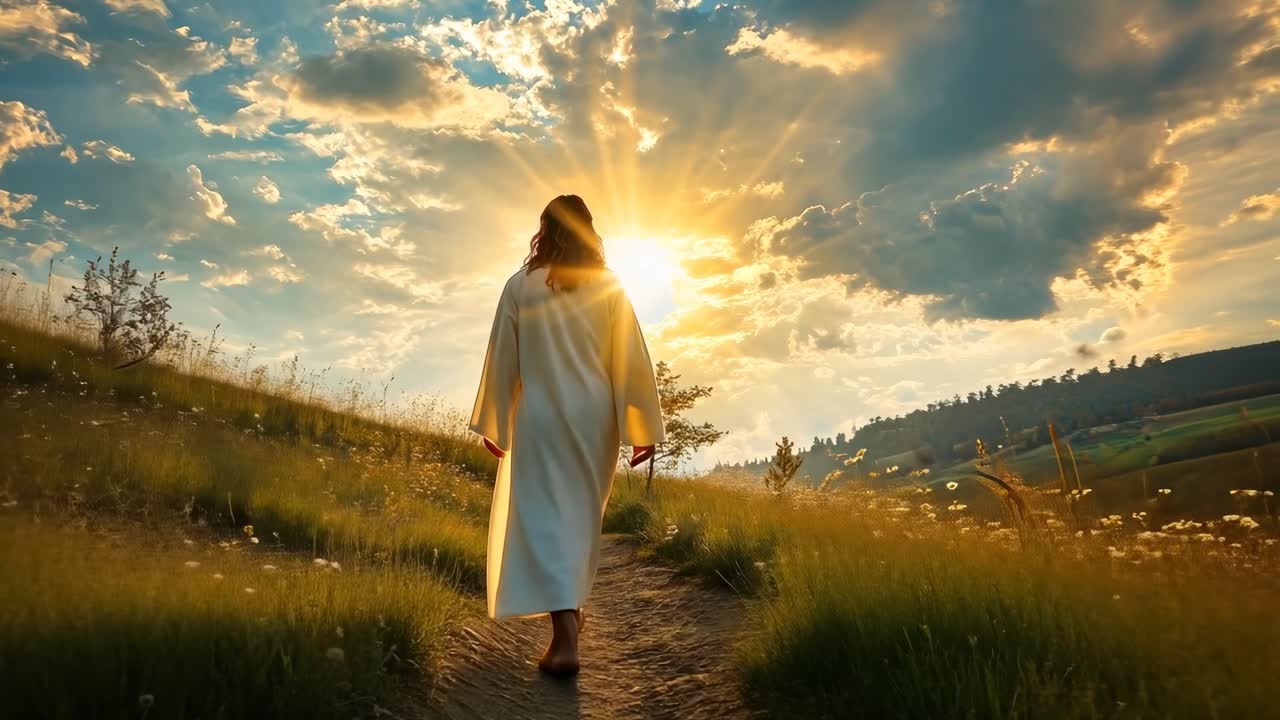 Back view of a person in a robe walking on a sunlit path, shot from a low angle