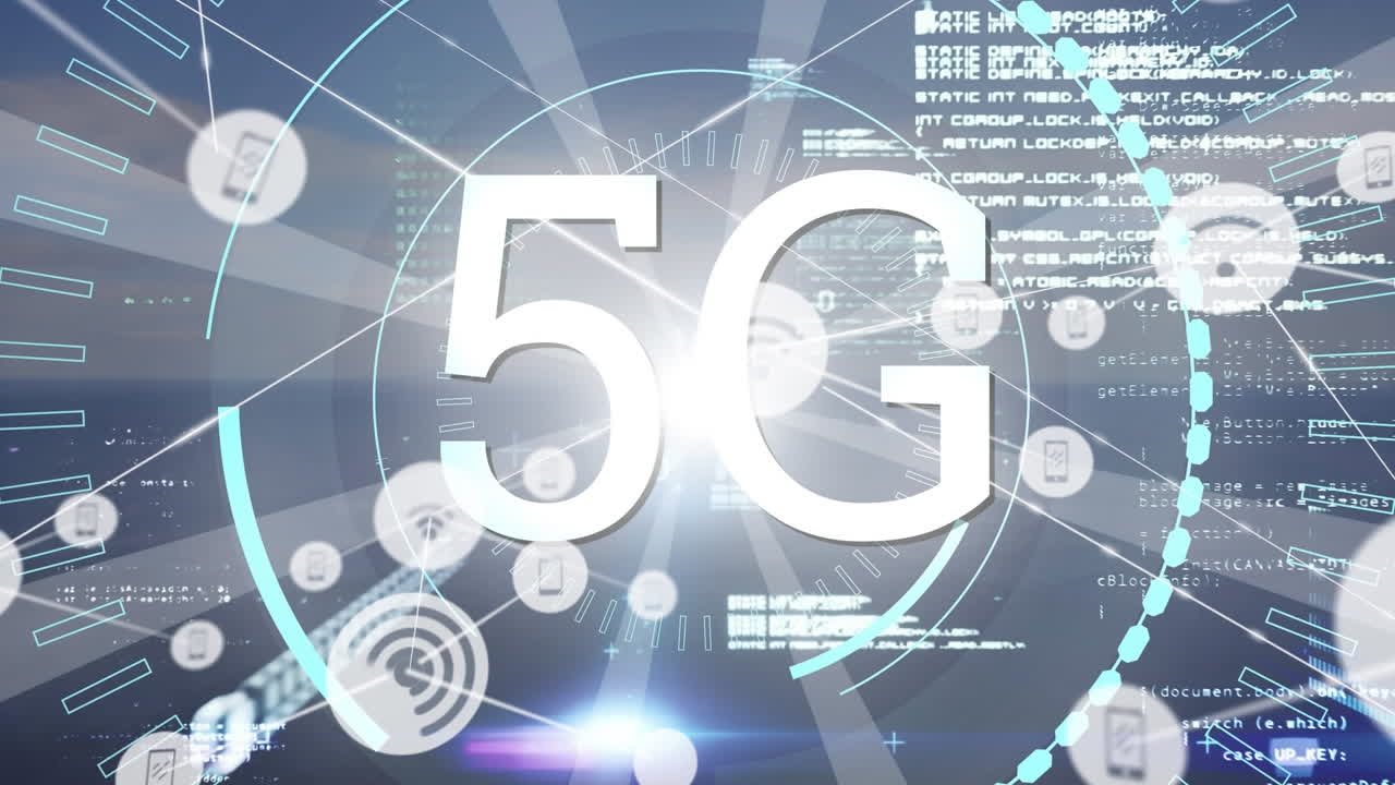 5g 이상의 아이콘과 데이터 처리를 가진 연결 네트워크의 애니메이션