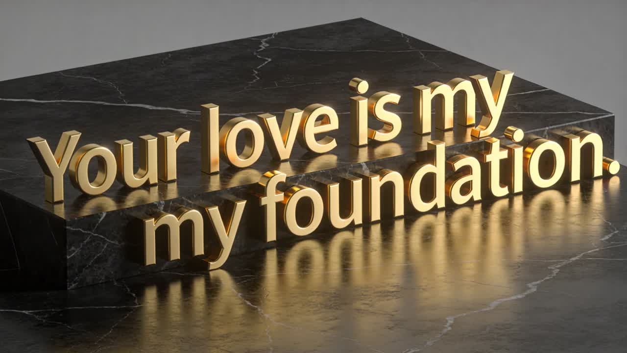 Camera pulling closer and lights shifting, gold 3D text enlarging on marble plinth for branding