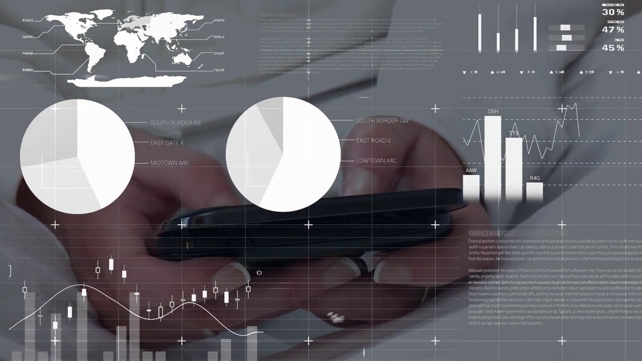 Vertical video: HUD animating female hands tapping phone at desk with white cuff reviewing data