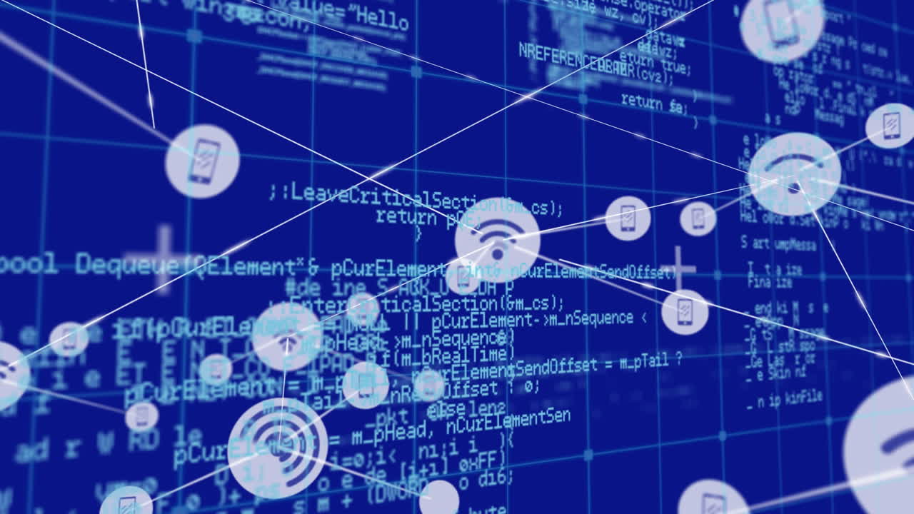 Animation of connected icons, grid pattern and computer language over blue background