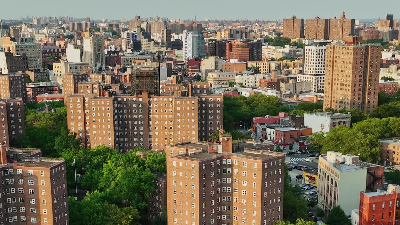 Drone view of urban landscape in New York City showcasing residential areas