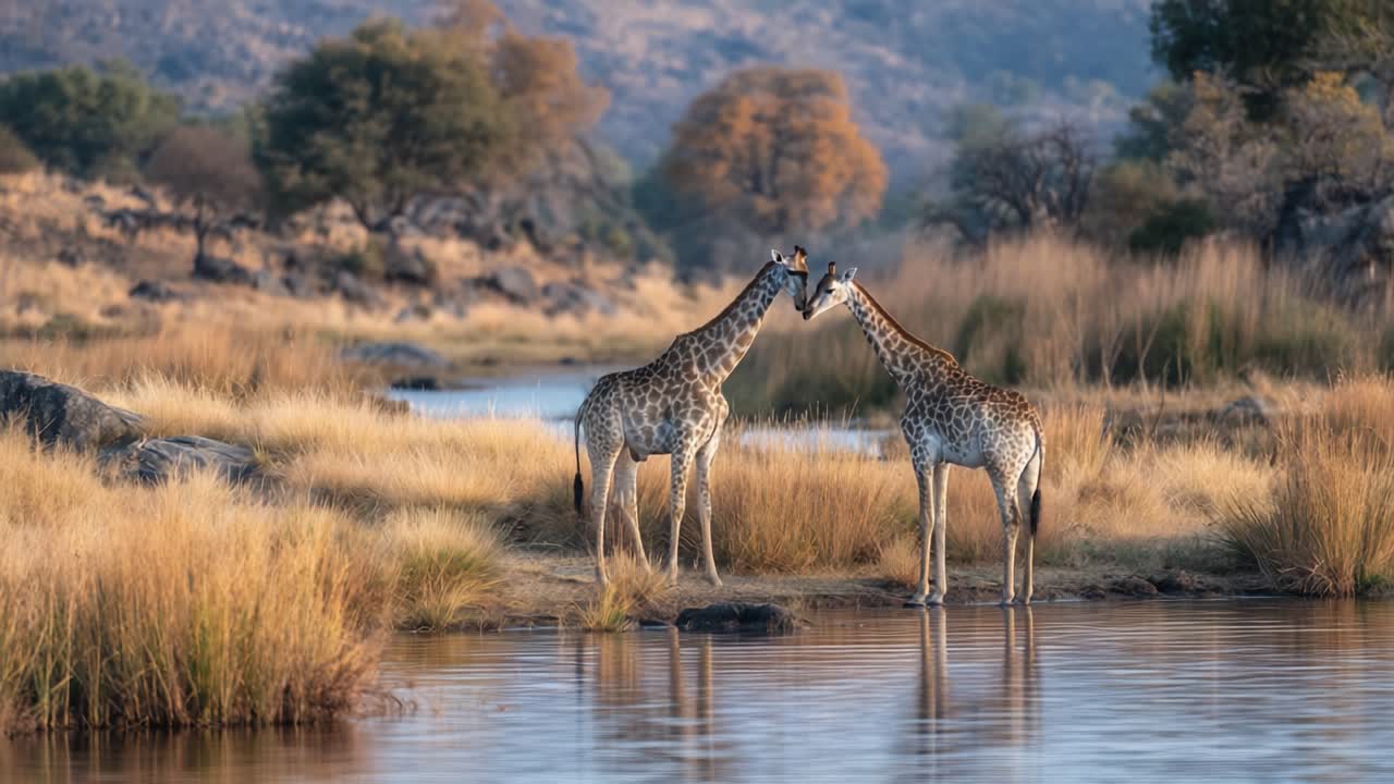 Two Giraffes Gently Touching Their Necks at a Serene Waterbank, Surrounded by Lush Grasslands and Beautiful Autumn Foliage Under Clear Blue Skies