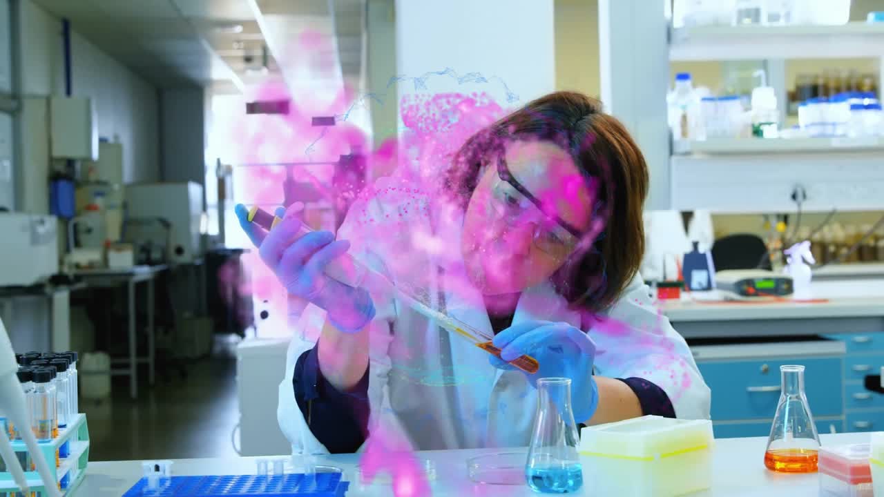 science researcher using micropipette at bench with flasks tube rack, showing floating data charts