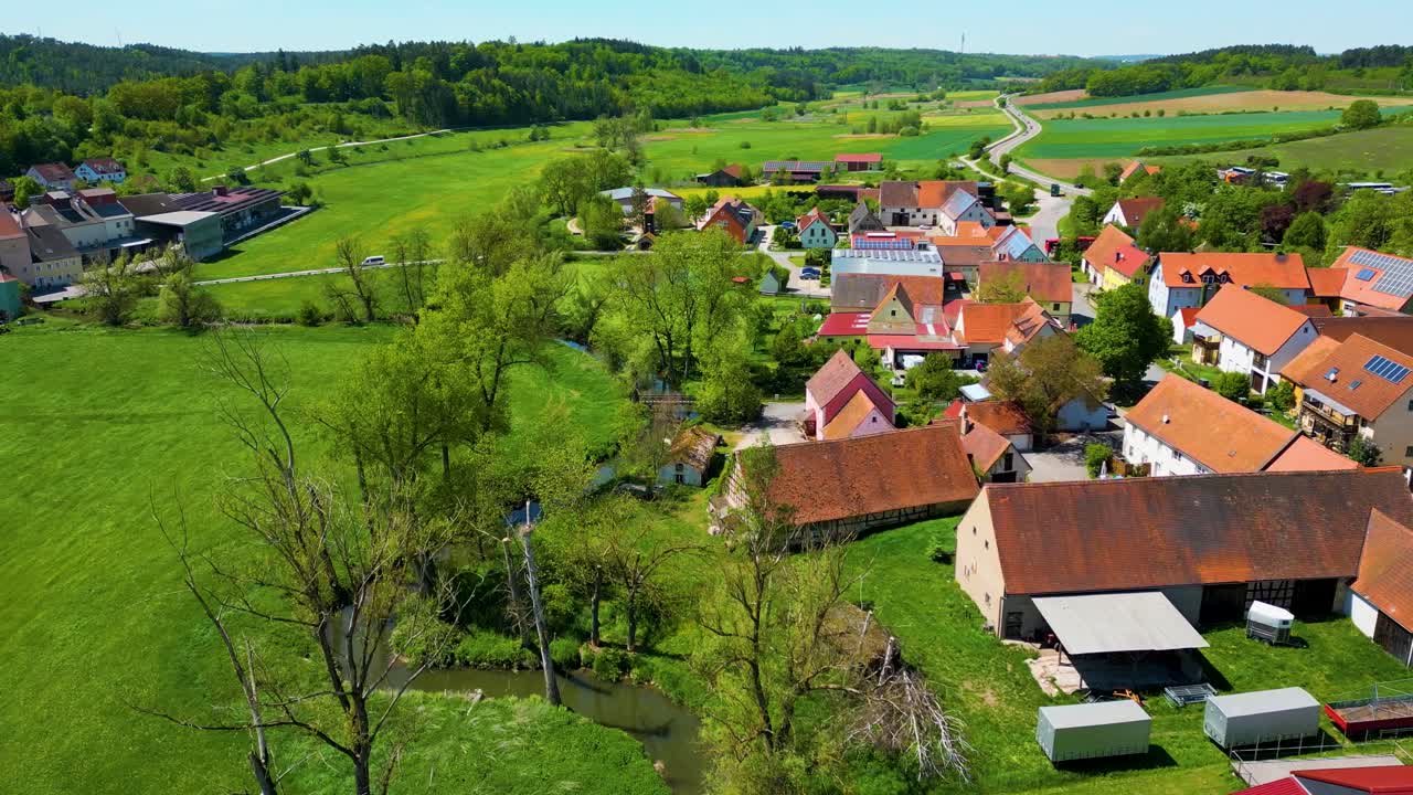 4K Aerial Drone Video of Fields and Farmhouses in the Village of Sachsen near Ansbach, Germany