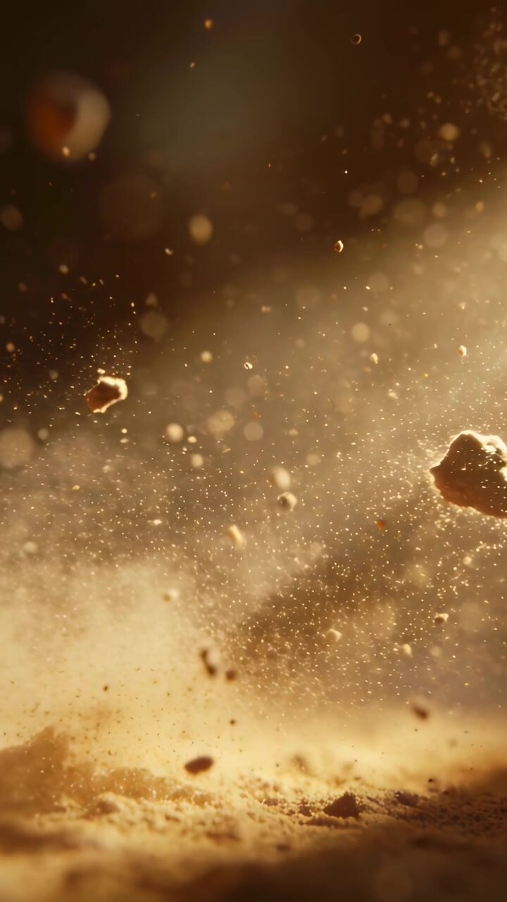 Video verticale: Zolla di terra che ruota, formando una foschia sulla sabbia in luce calda dopo l'impatto, con spazio per il testo.